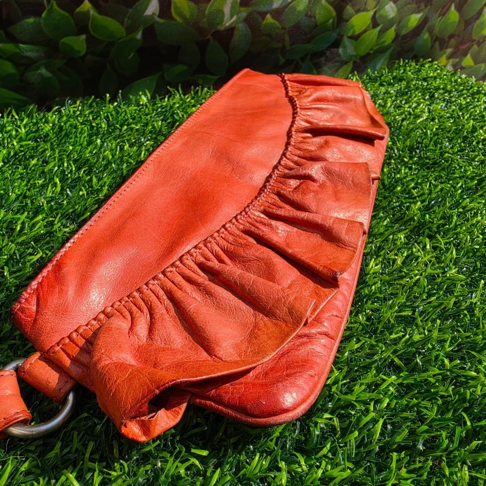Hobo International Orange Red Ruffle Leather Wristlet Clutch Bag